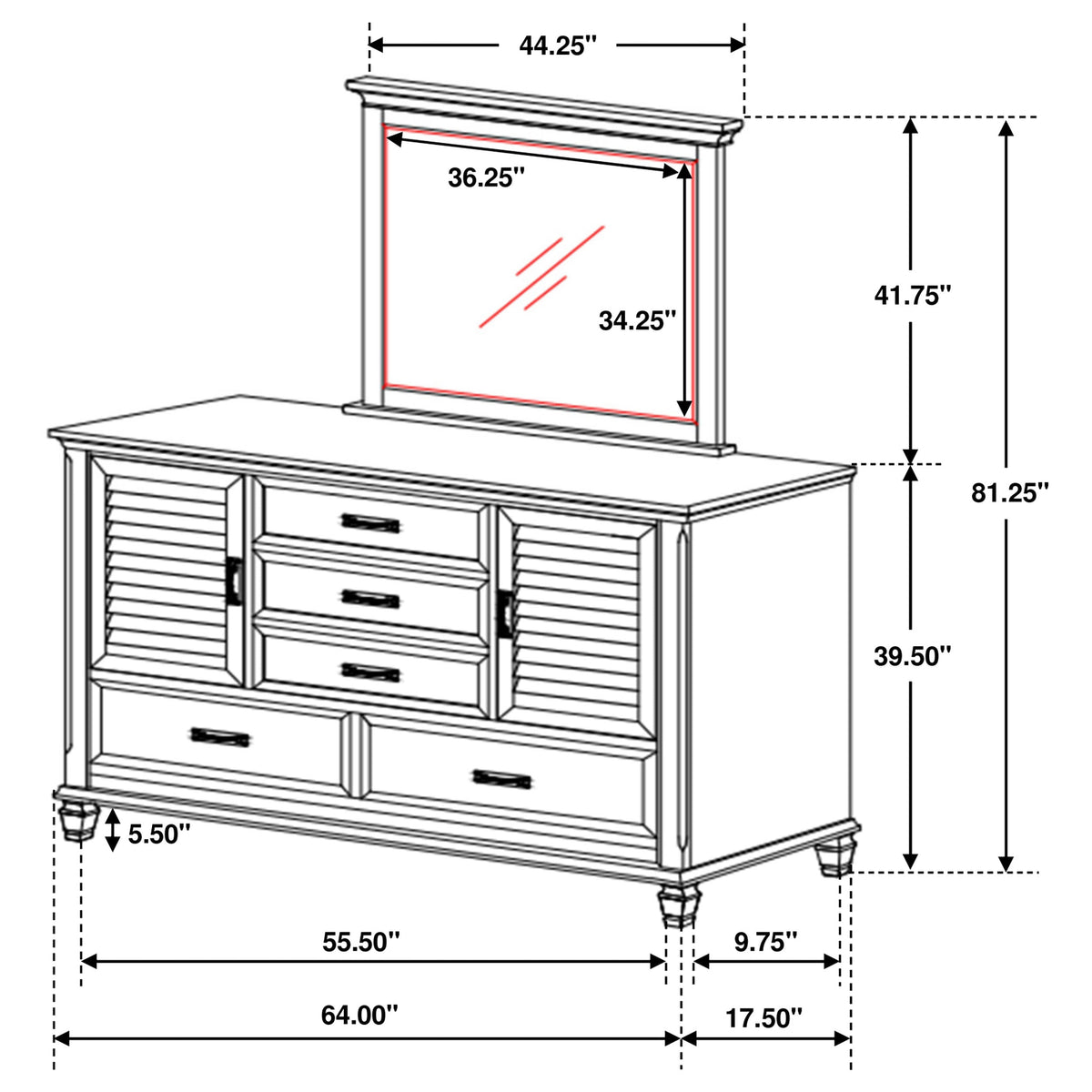 Franco 5-drawer Dresser Distressed White