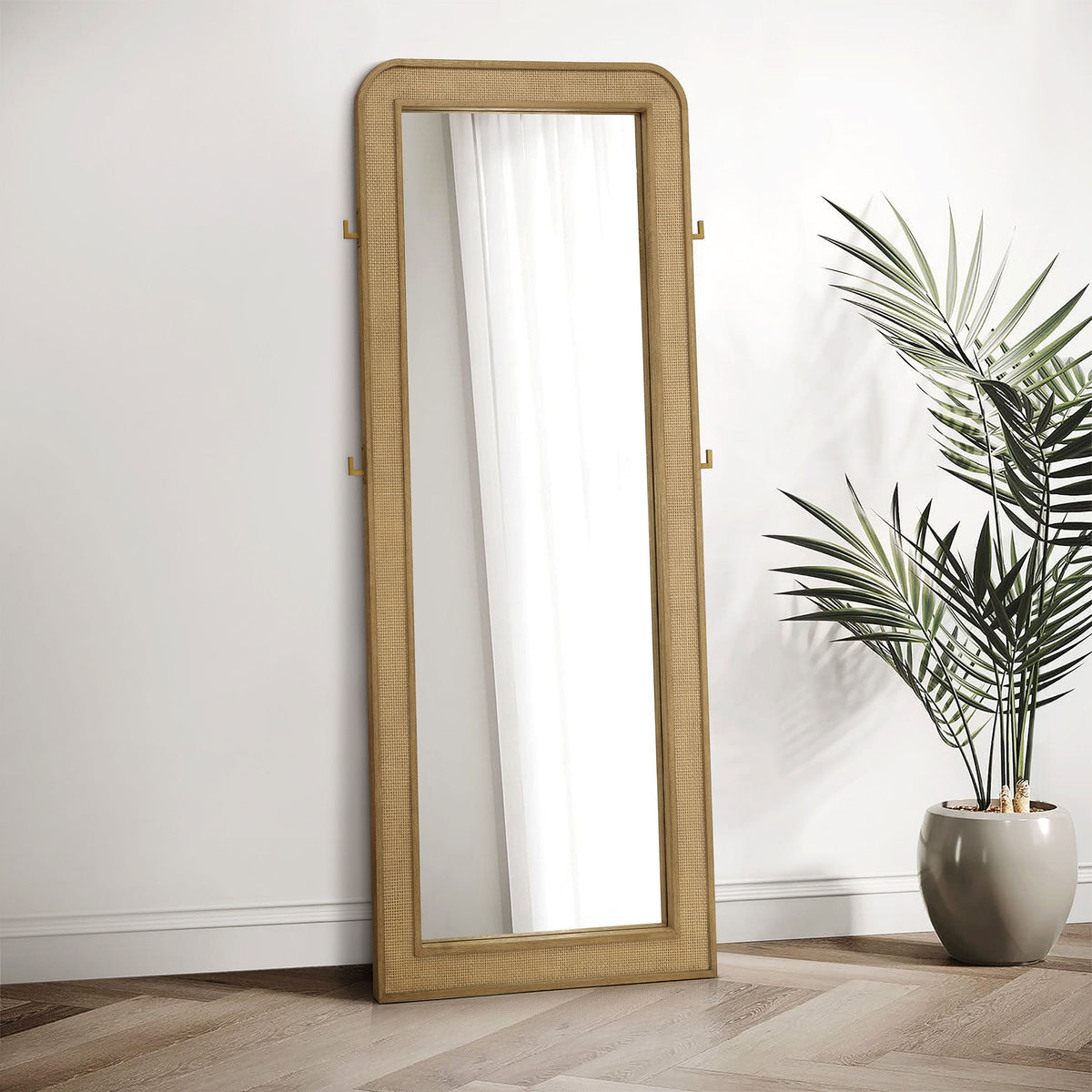 Arini Cane Weave Length Standing Floor Mirror Black