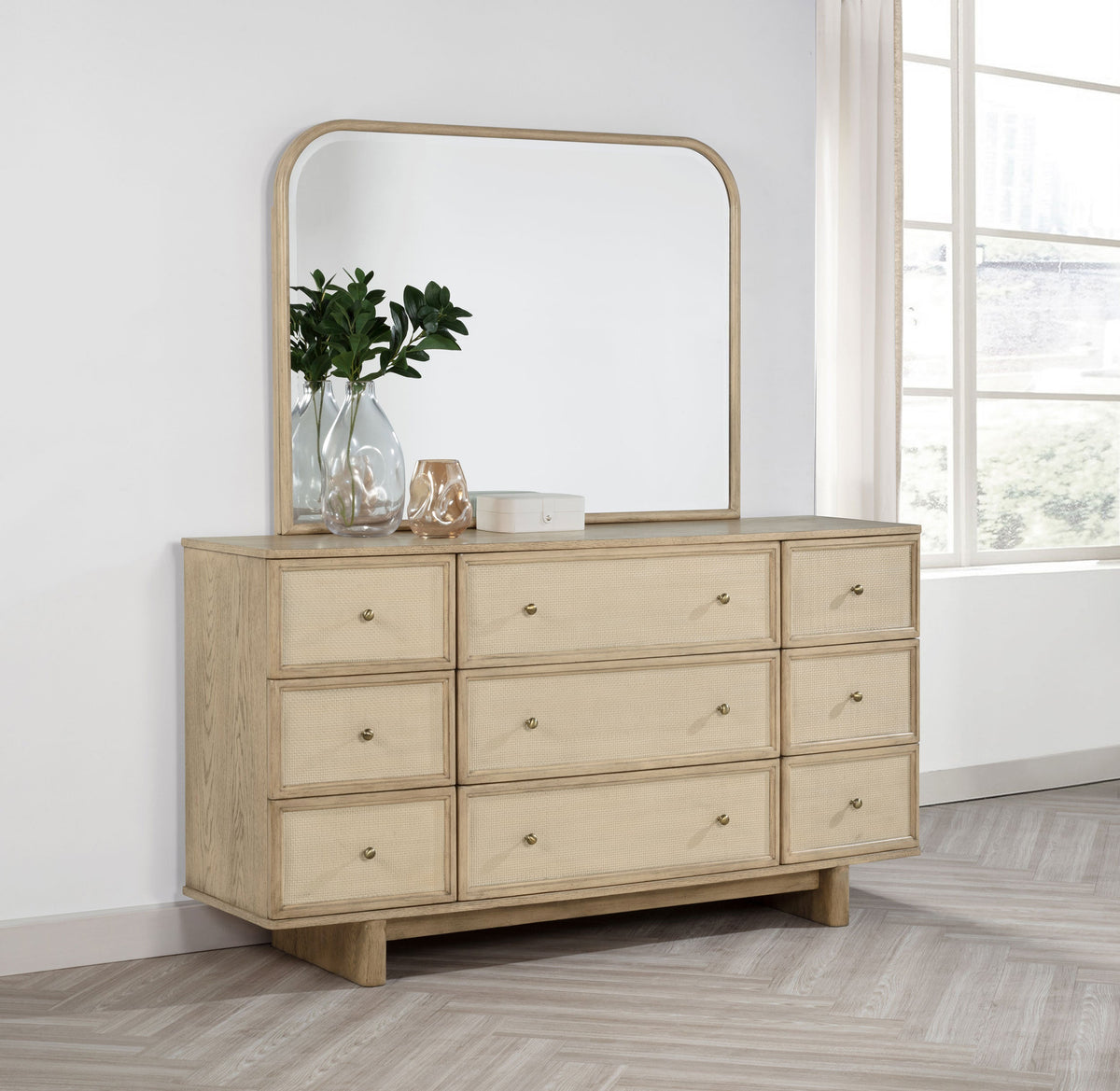 Kailani 9-drawer Dresser and Mirror Beige Oak