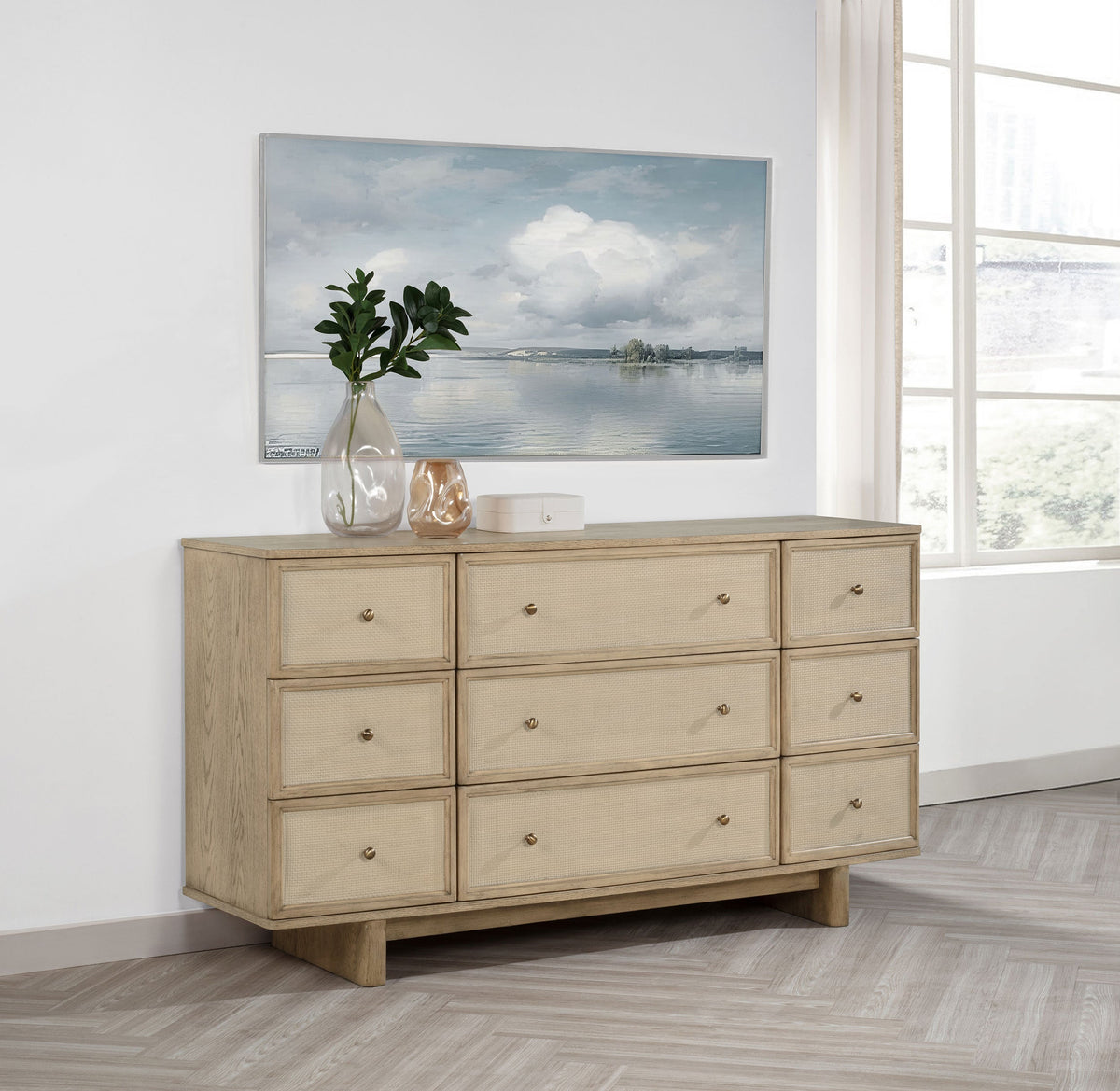 Kailani 9-drawer Dresser and Mirror Beige Oak