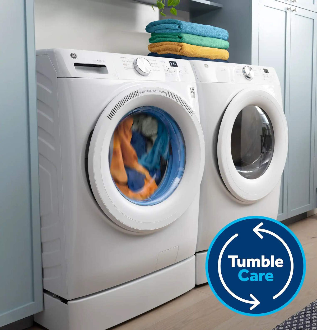 Package - GE - 4.8 Cu. Ft. High-Efficiency Stackable Smart Front Load Washer w/ Odorblock Ultra Fresh Vent System & Microban Technology and 7.8 Cu. Ft. Stackable Smart 10-Cycle Electric Dryer - White