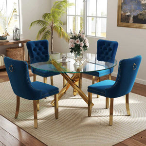 5-Piece Round Glass Dining Table Set (Blue/Gold)