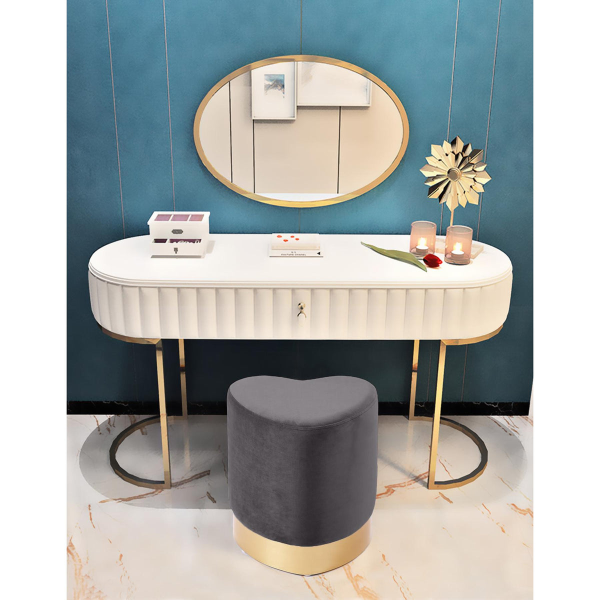 Meridian Heart Grey Velvet Ottoman/Stool