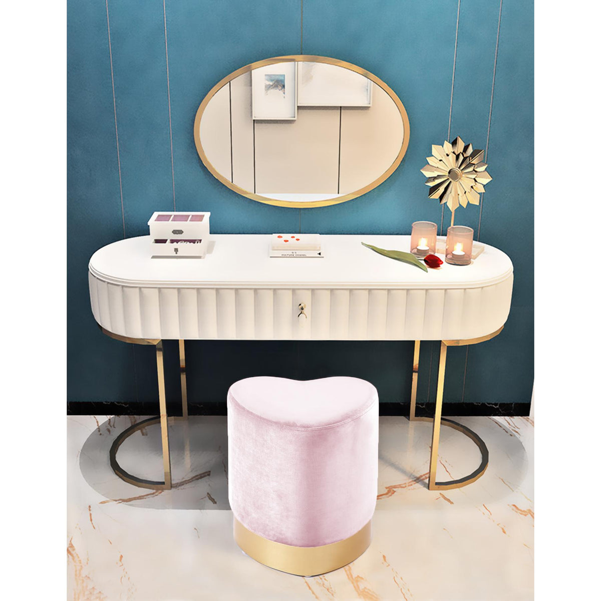 Meridian Heart Pink Velvet Ottoman/Stool
