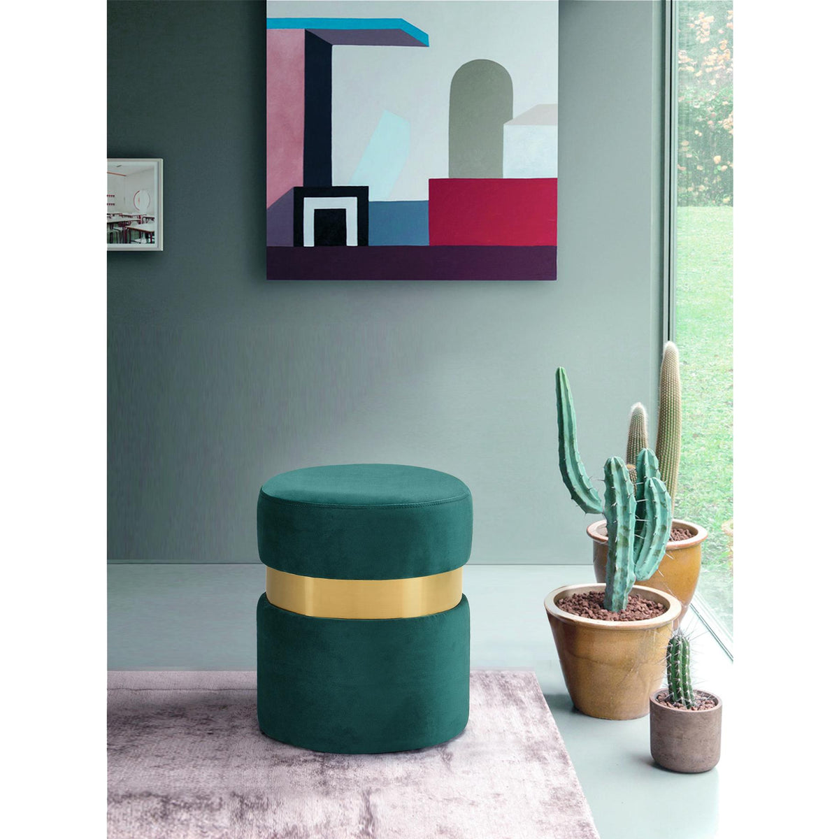 Meridian Hailey Green Velvet Ottoman/Stool