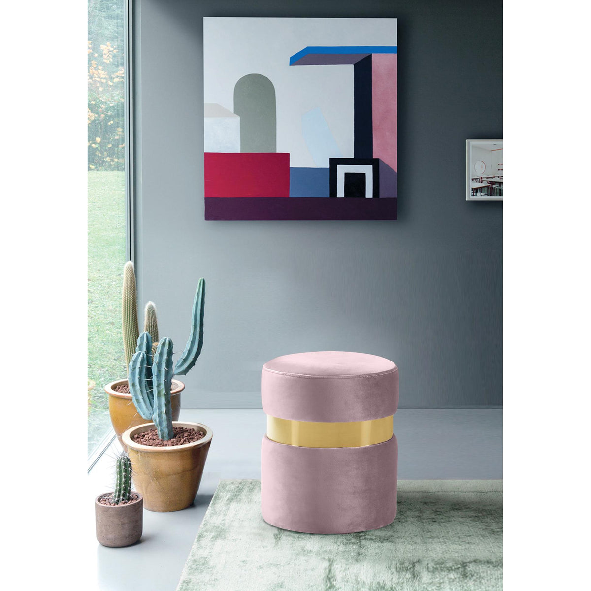 Meridian Hailey Pink Velvet Ottoman/Stool