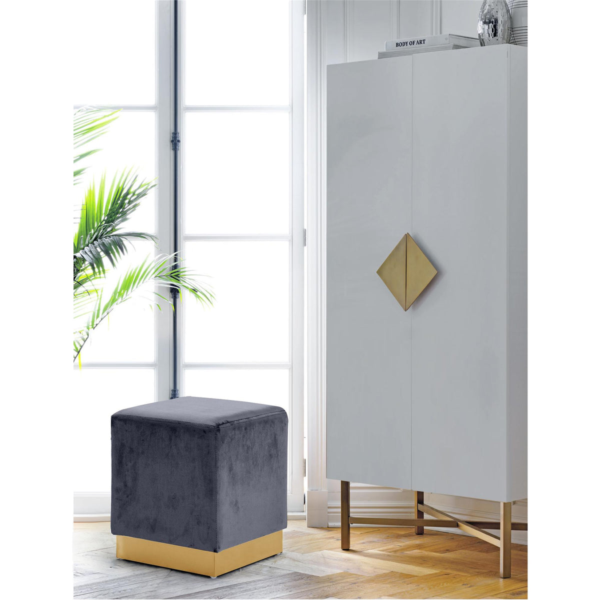 Meridian Jax Grey Velvet Ottoman/Stool