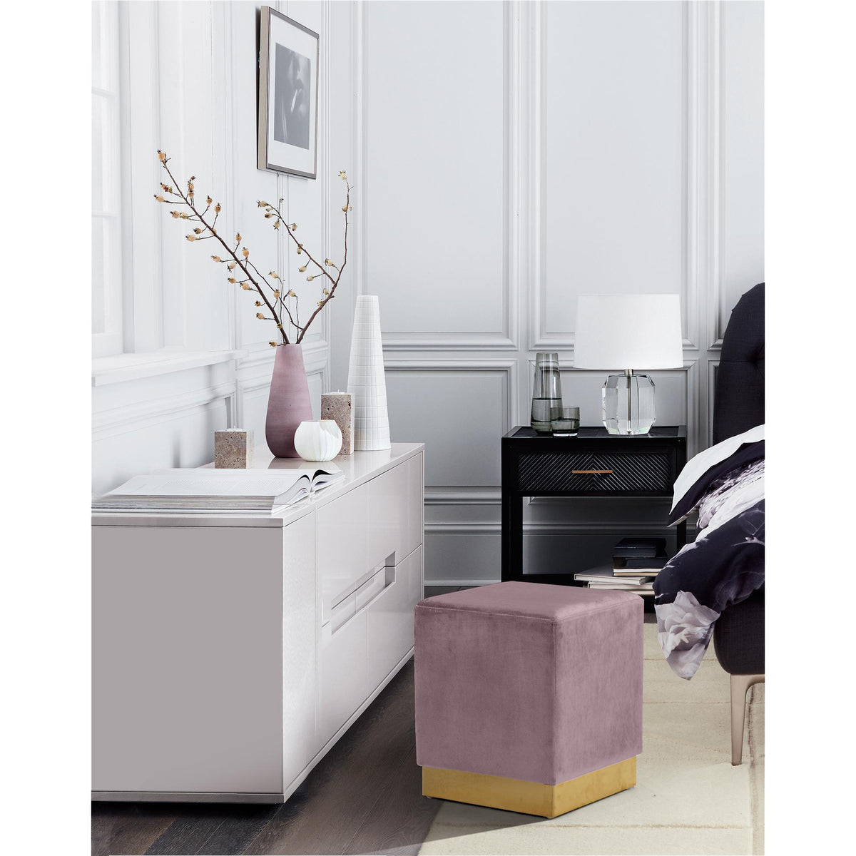 Meridian Jax Pink Velvet Ottoman/Stool