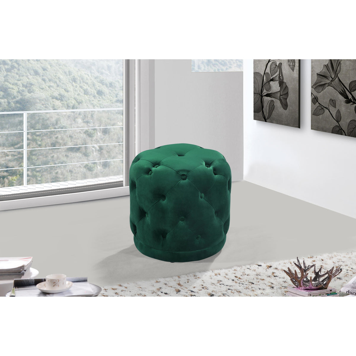 Meridian Harper Green Velvet Ottoman/Stool