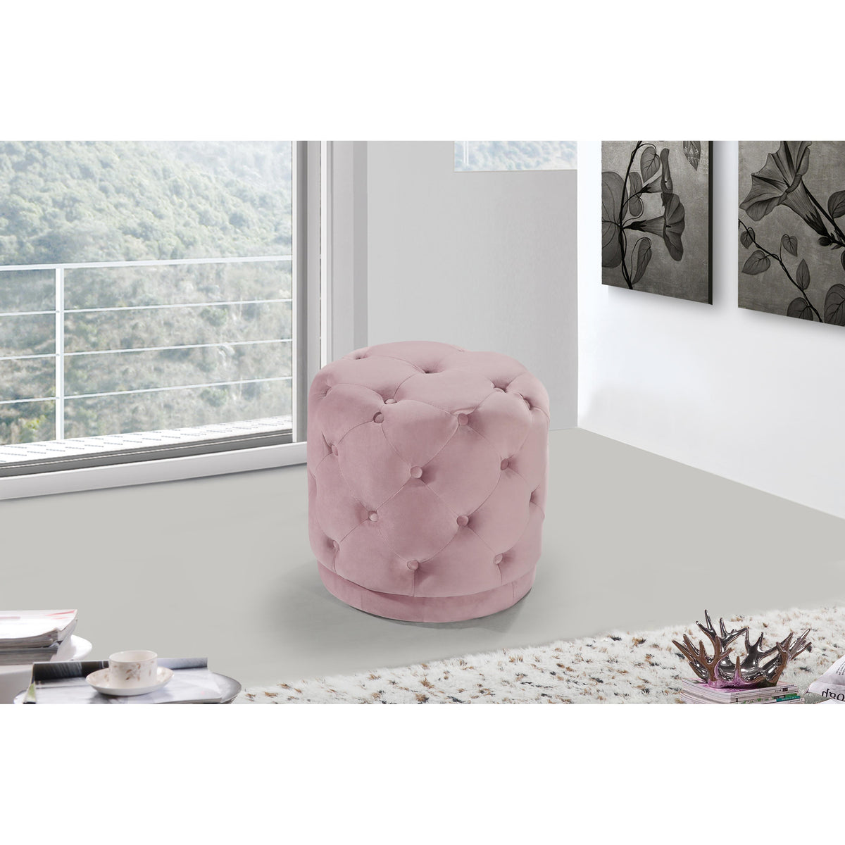 Meridian Harper Pink Velvet Ottoman/Stool
