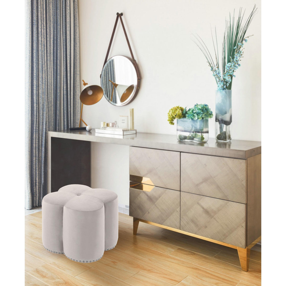 Meridian Clover Cream Velvet Ottoman