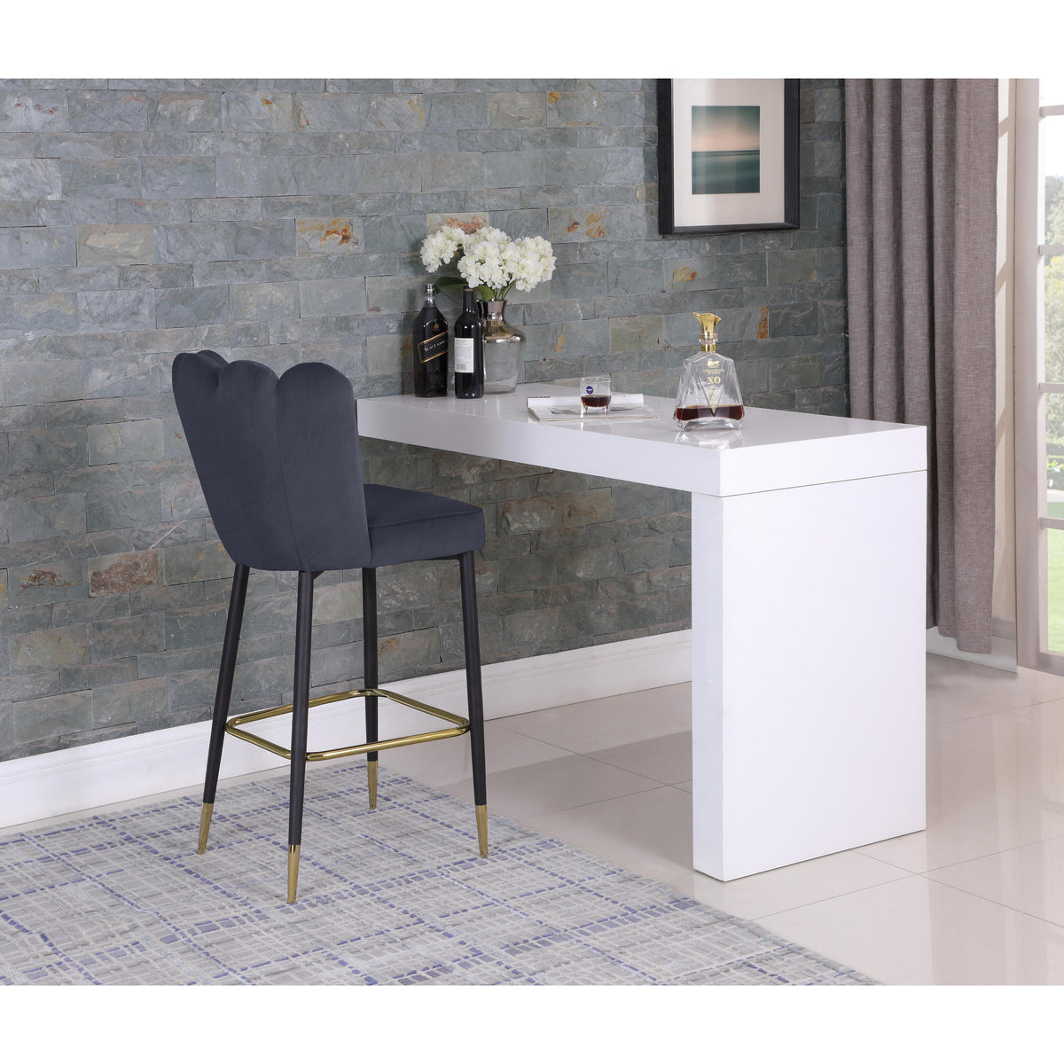 Meridian Lily Grey Velvet Stool