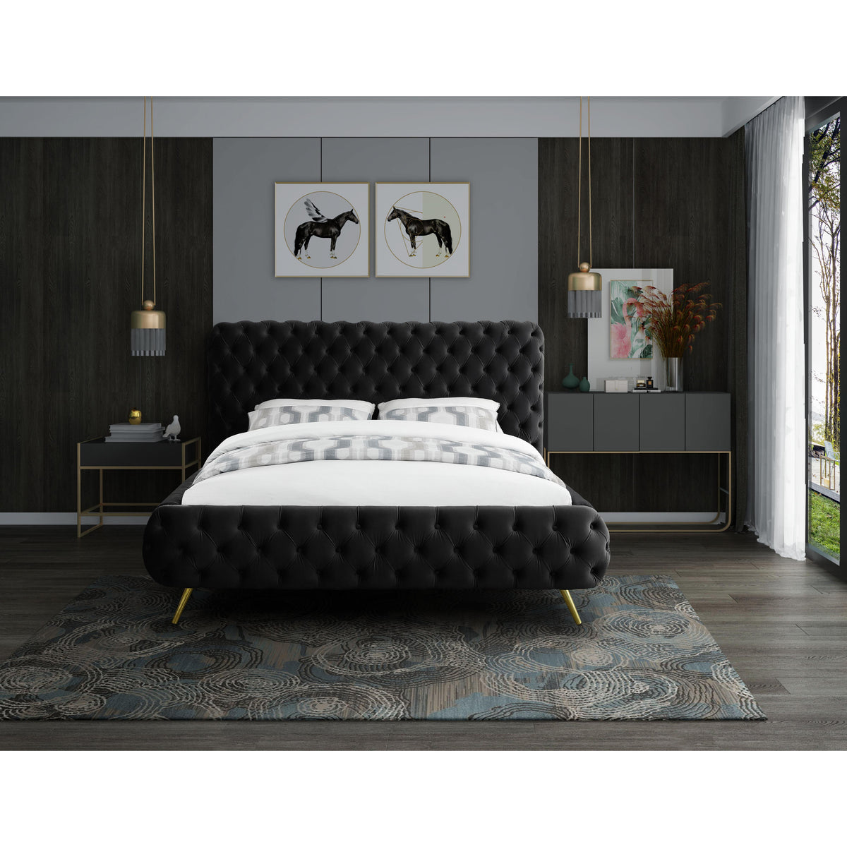 Meridian Delano Black Velvet Queen Bed