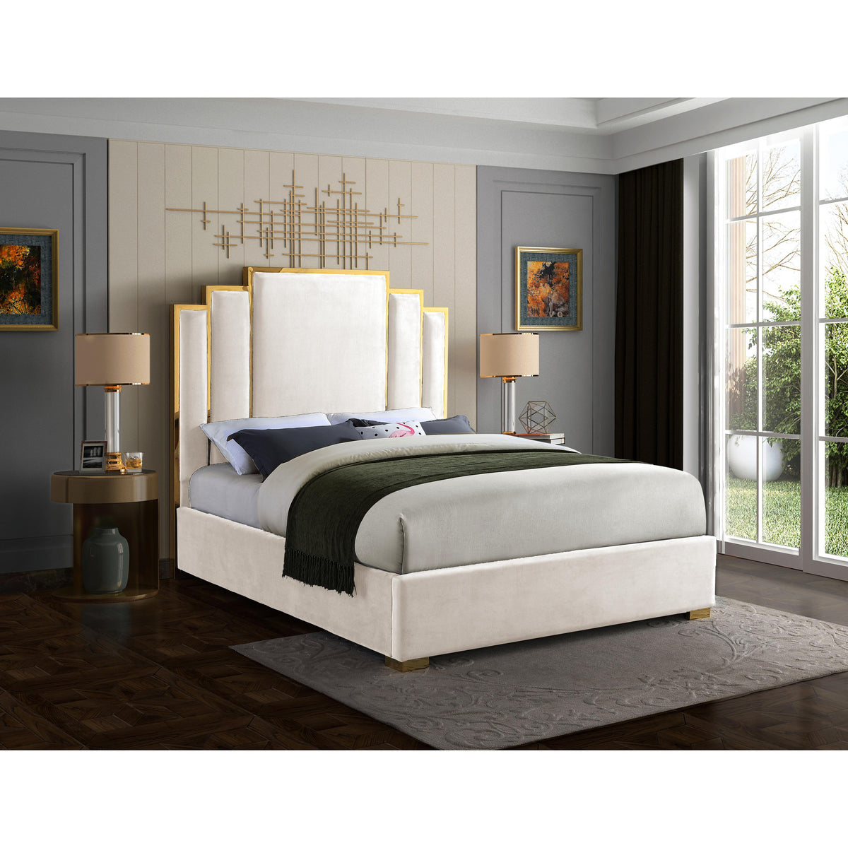 Meridian Hugo Cream Velvet Queen Bed