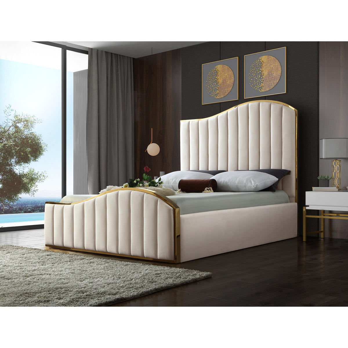 Meridian Jolie Cream Velvet King Bed (3 Boxes)