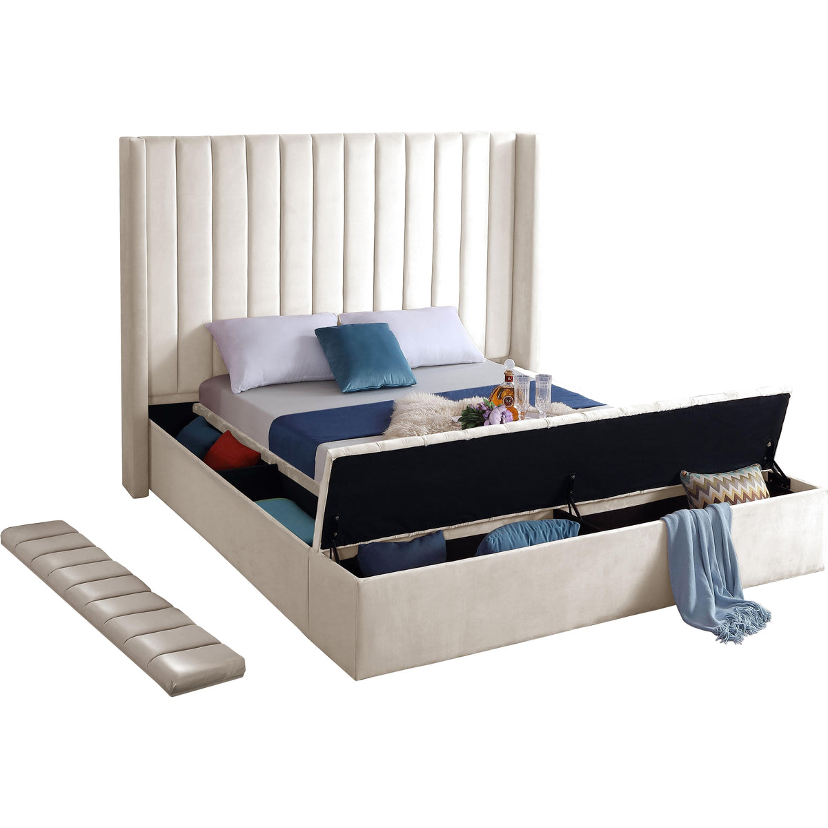 Meridian Kiki Cream Velvet Queen Bed (3 Boxes)