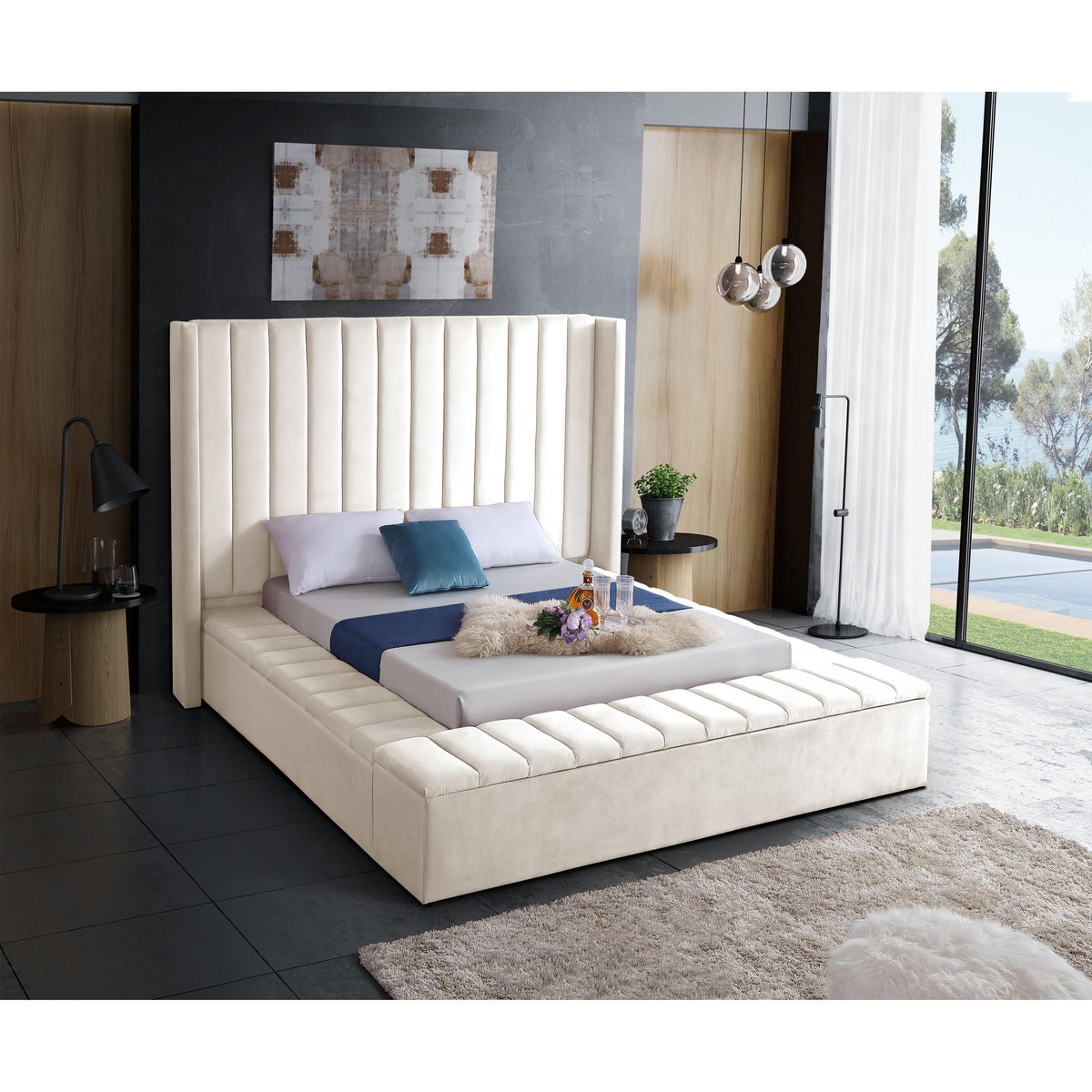 Meridian Kiki Cream Velvet Queen Bed (3 Boxes)