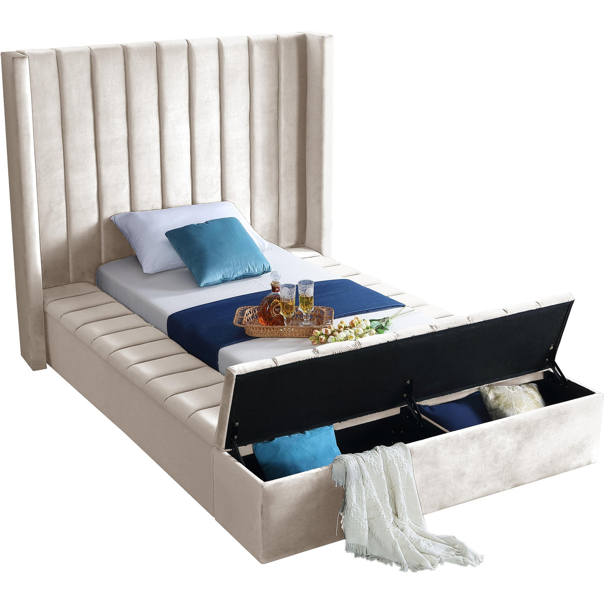 Meridian Kiki Cream Velvet Twin Bed (3 Boxes)