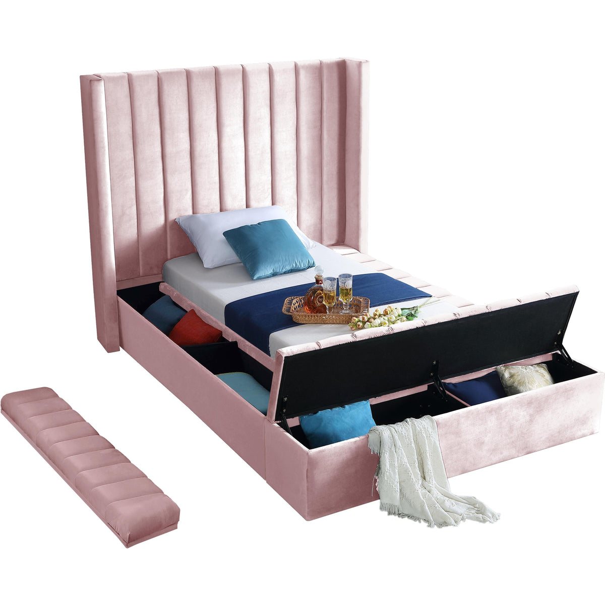 Meridian Kiki Pink Velvet Twin Bed (3 Boxes)