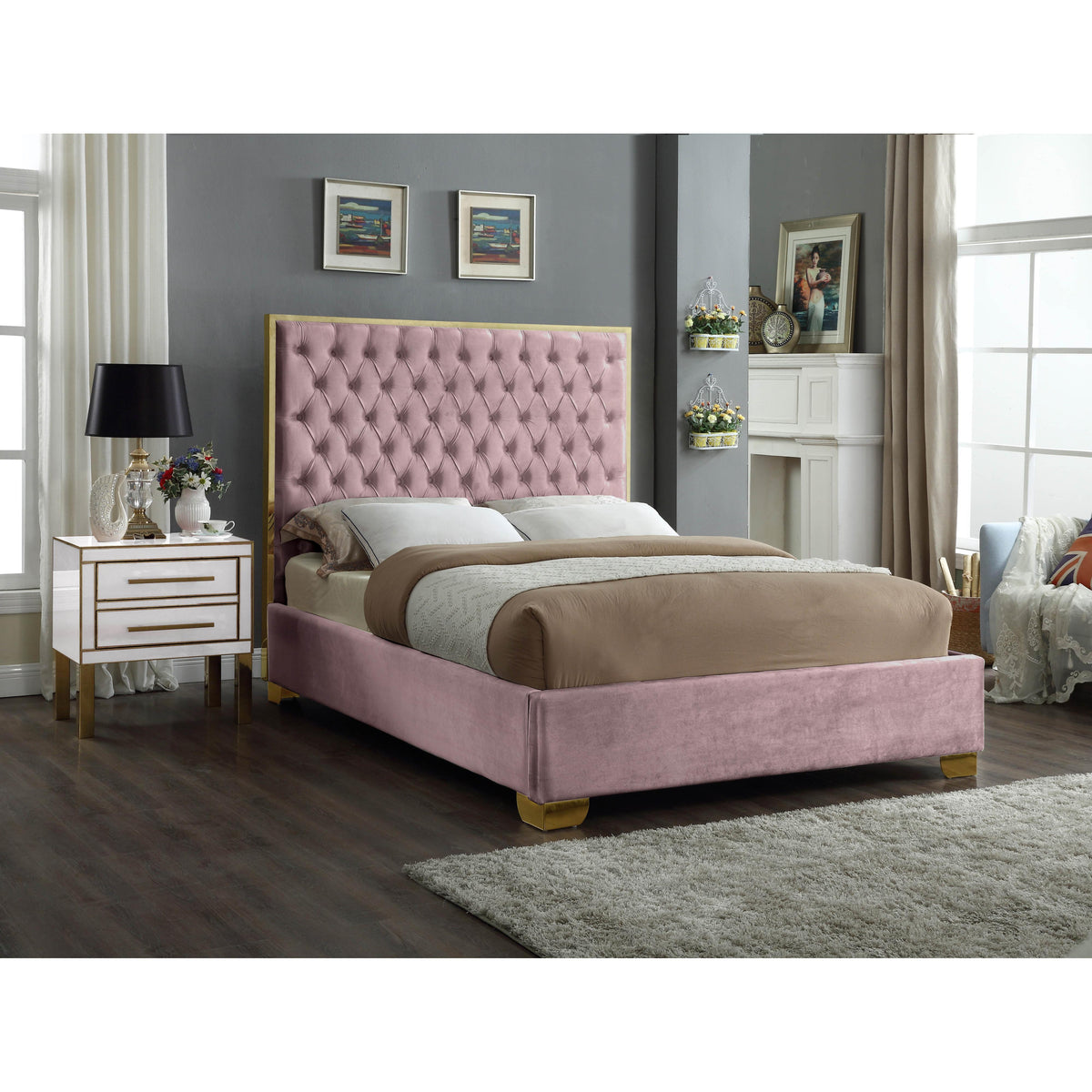 Meridian Lana Pink Velvet Full Bed