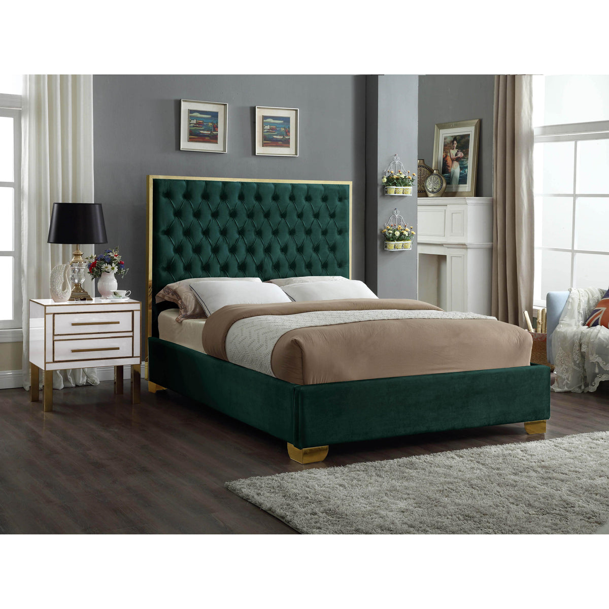 Meridian Lana Green Velvet Queen Bed