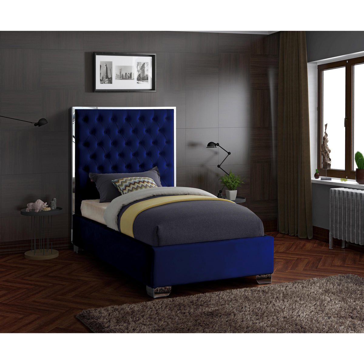 Meridian Lexi Navy Velvet Twin Bed