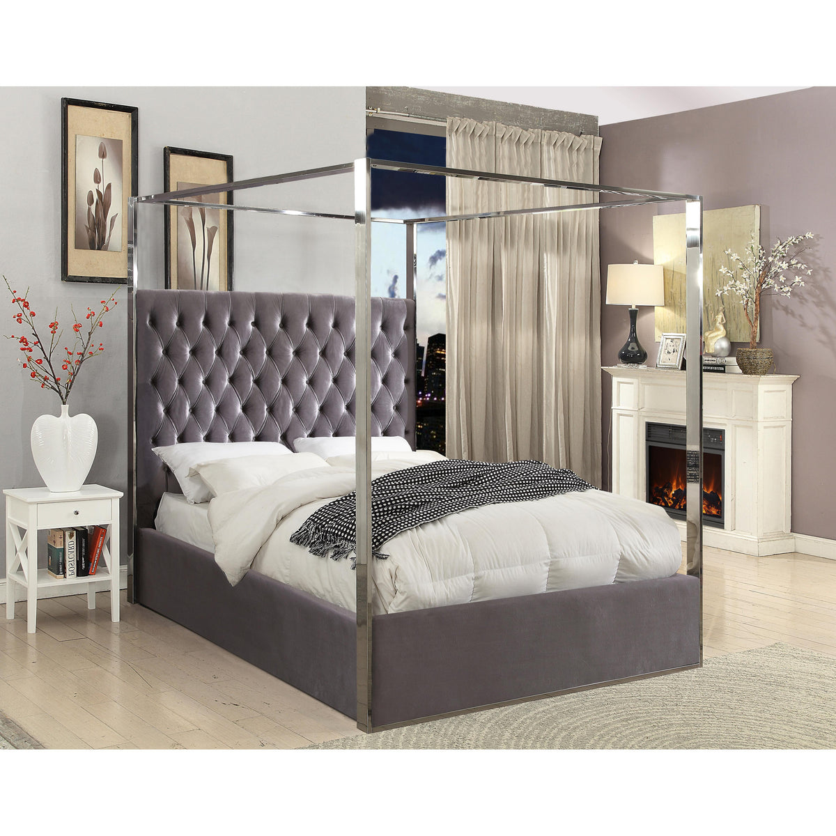 Meridian Porter Grey Velvet Queen Bed