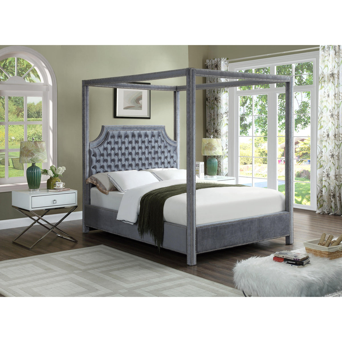 Meridian Rowan Grey Velvet Queen Bed (3 Boxes)