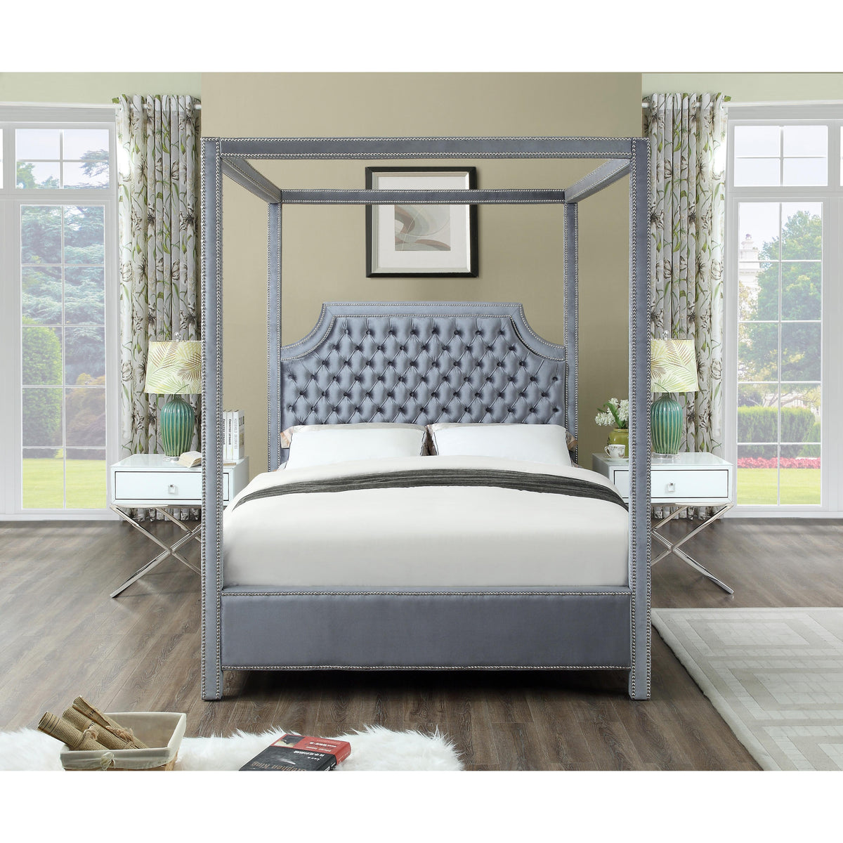 Meridian Rowan Grey Velvet Queen Bed (3 Boxes)