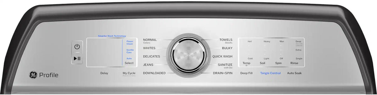 Package - GE Profile - 5.0 Cu. Ft. High Efficiency Smart Top Load Washer with Smarter Wash Technology, Easier Reach & Microban Technology and 7.4 Cu. Ft. Smart Electric Dryer with Sanitize Cycle and Sensor Dry - Diamond Gray