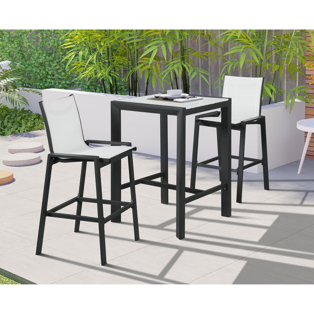 Meridian Nizuc White Wood Look Accent Paneling Outdoor Patio Aluminum Square Bar Table