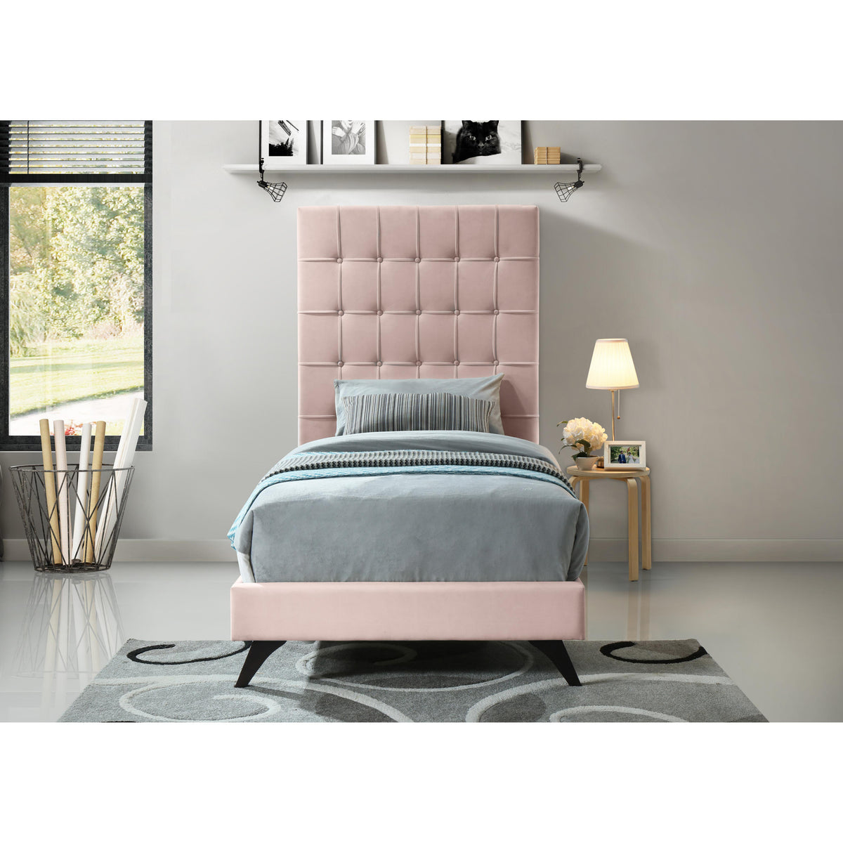 Meridian Elly Pink Velvet Twin Bed