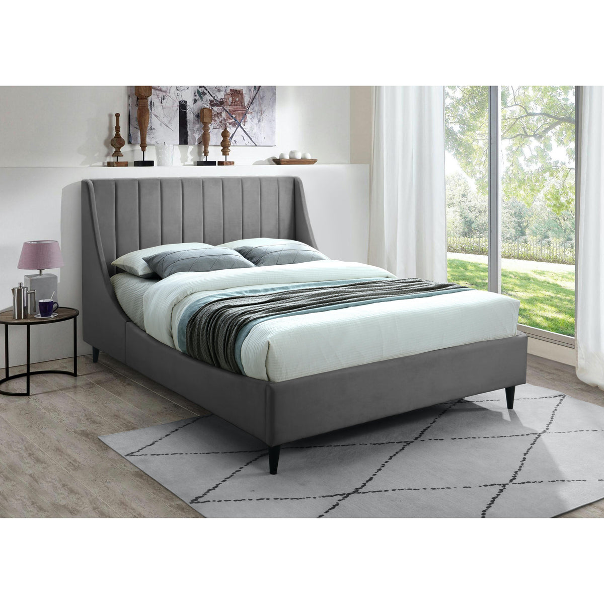 Meridian Eva Grey Velvet Queen Bed
