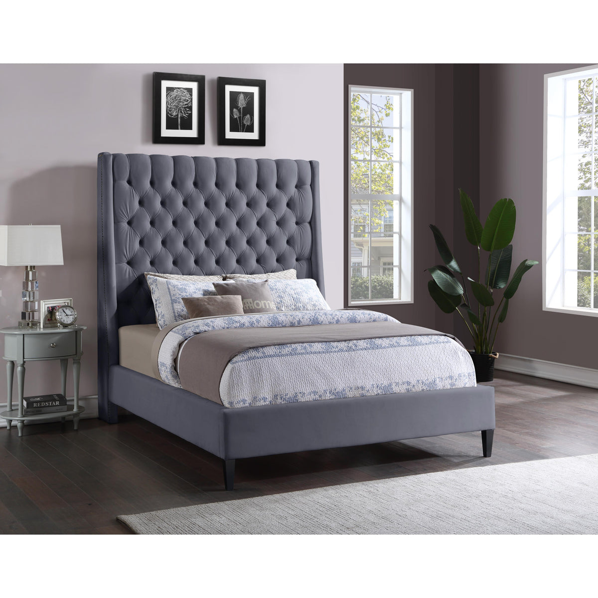 Meridian Fritz Grey Velvet King Bed