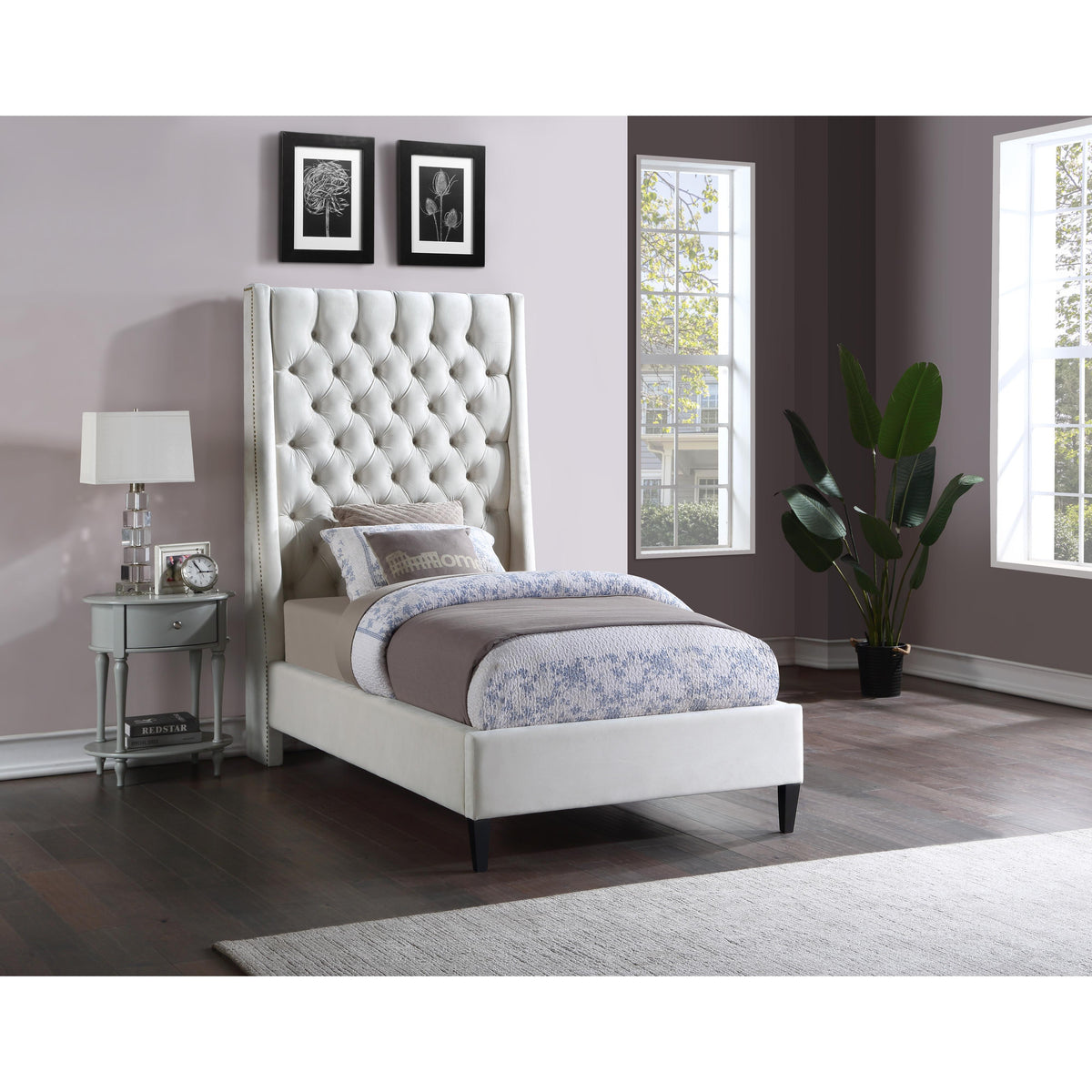Meridian Fritz Cream Velvet Twin Bed