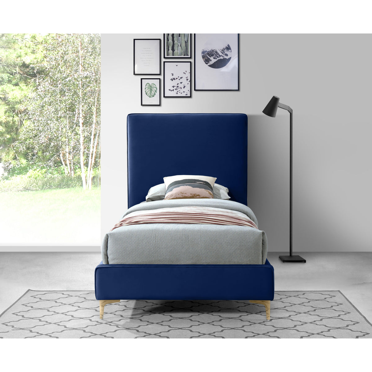 Meridian Geri Navy Velvet Twin Bed