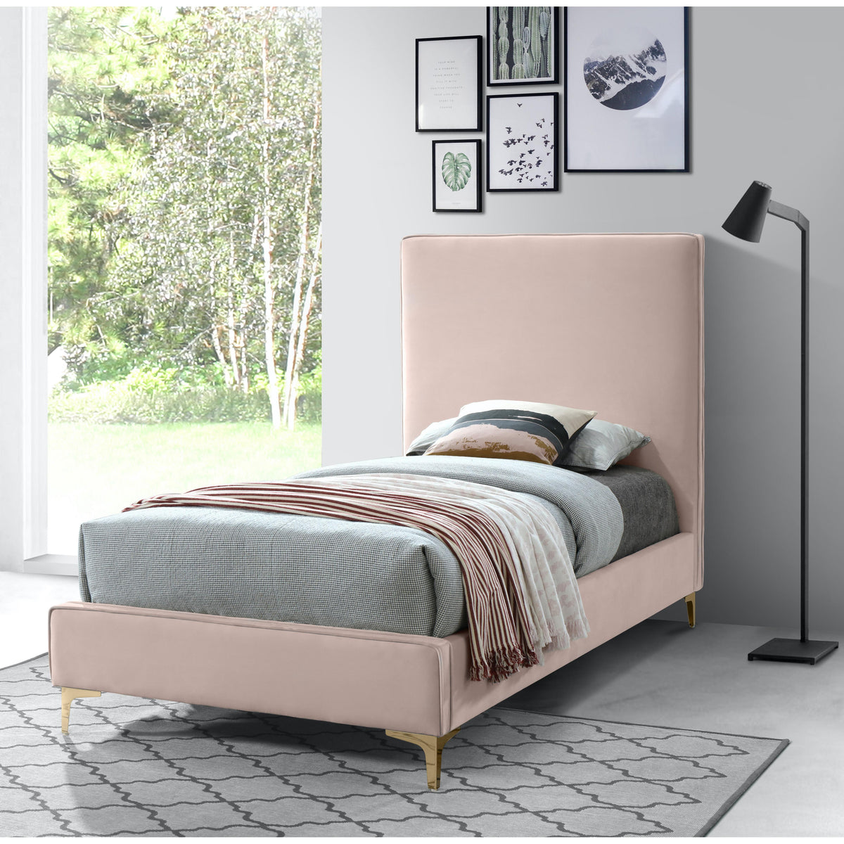 Meridian Geri Pink Velvet Twin Bed