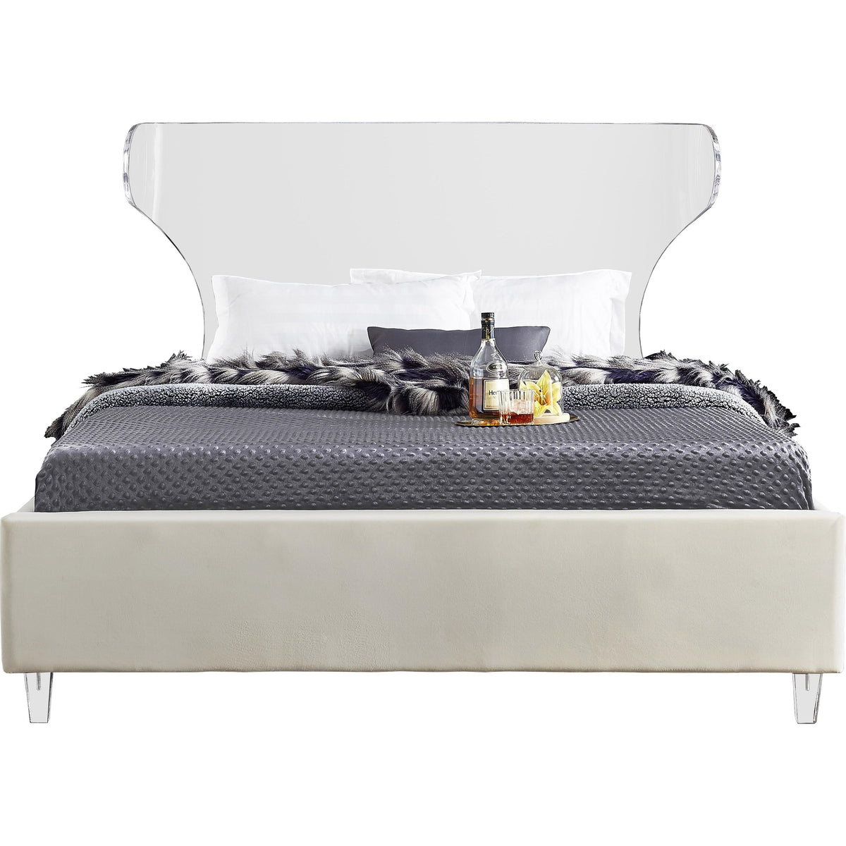 Meridian Ghost Cream Velvet Queen Bed