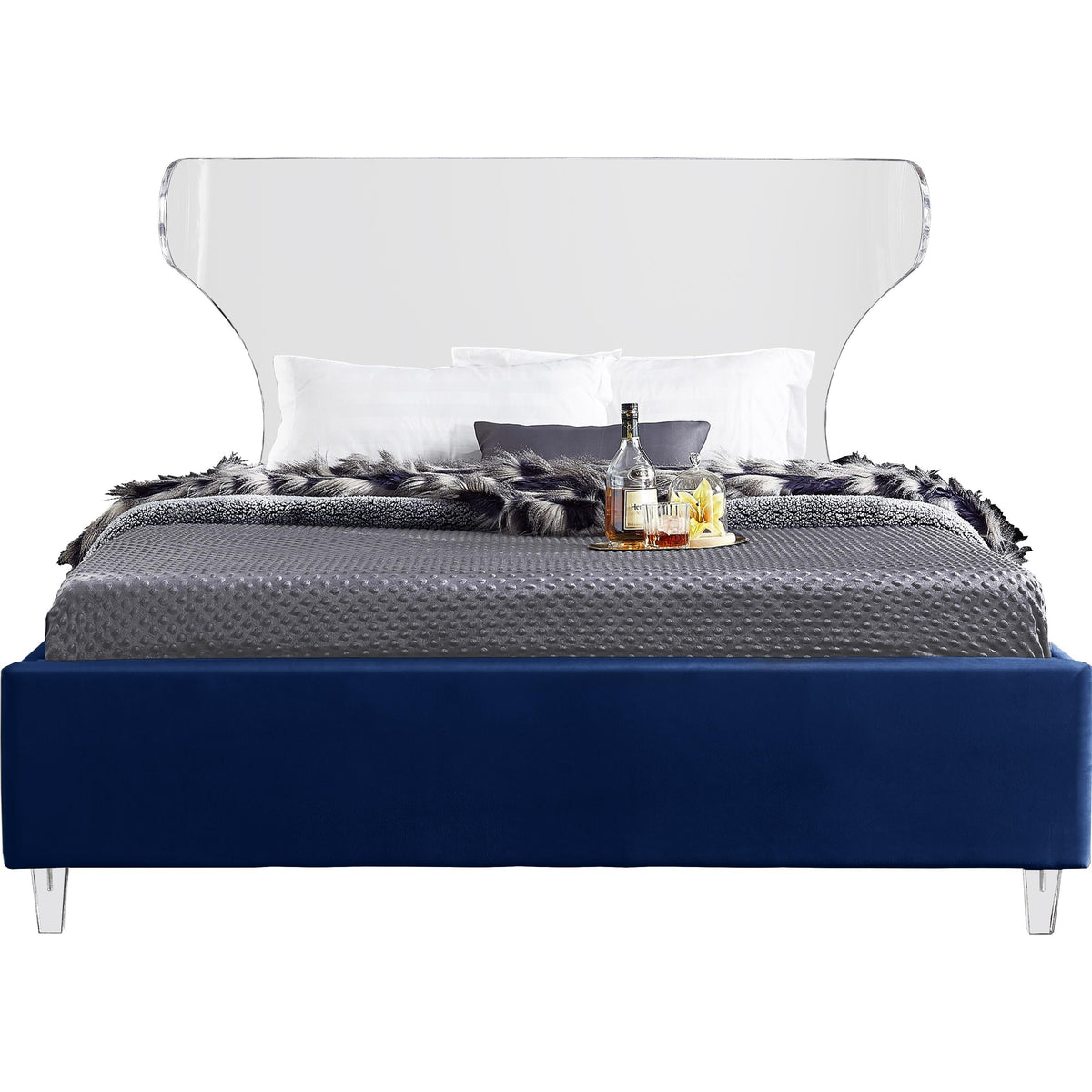 Meridian Ghost Navy Velvet Queen Bed