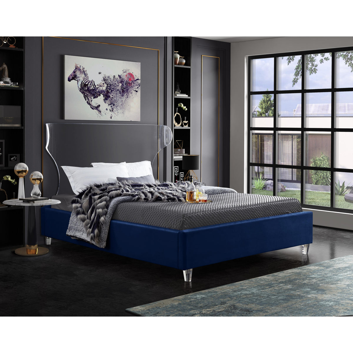 Meridian Ghost Navy Velvet Queen Bed