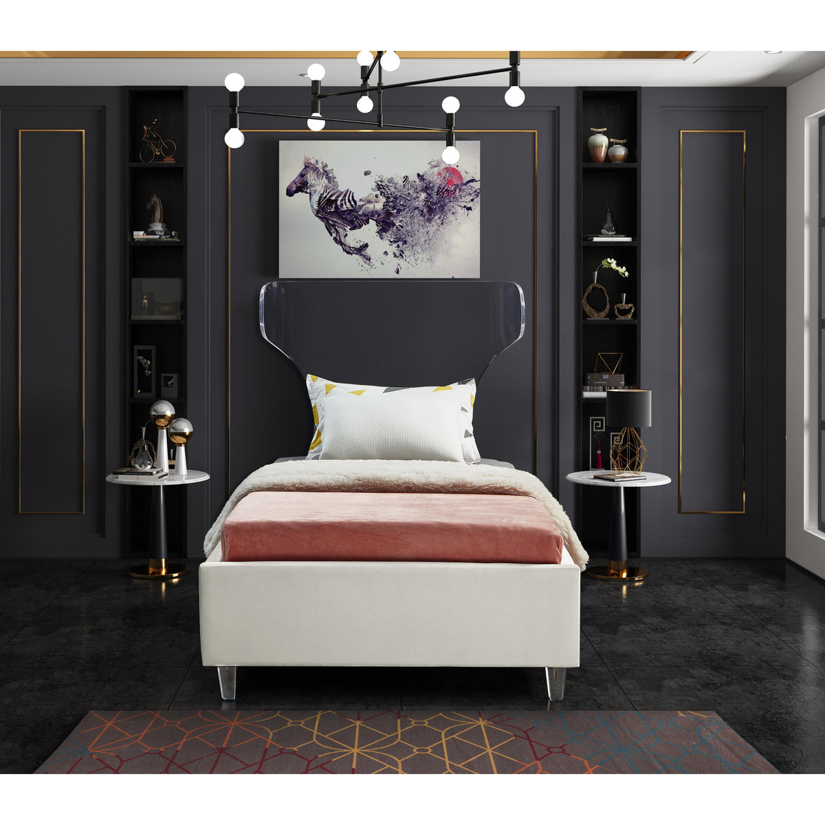 Meridian Ghost Cream Velvet Twin Bed