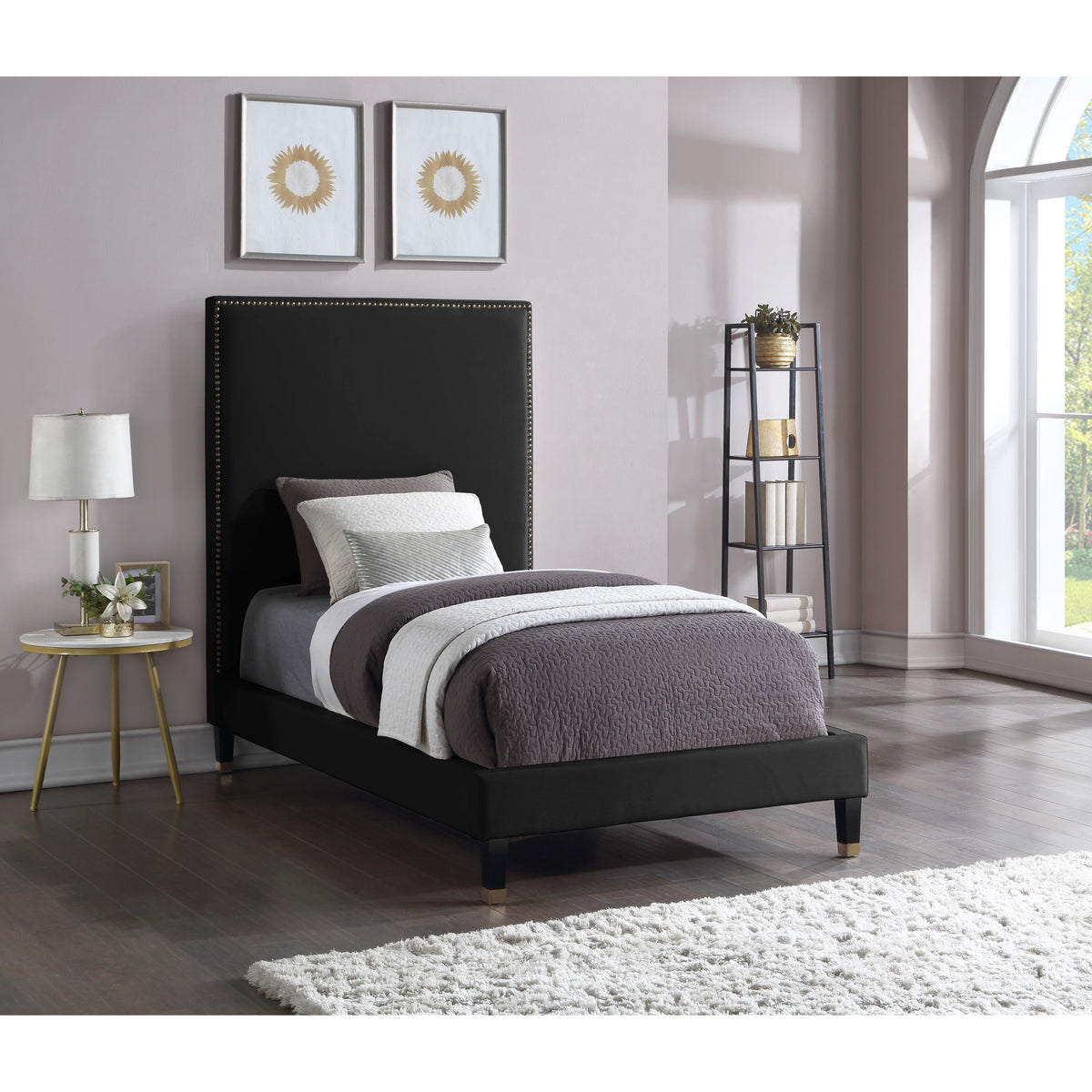 Meridian Harlie Black Velvet Twin Bed