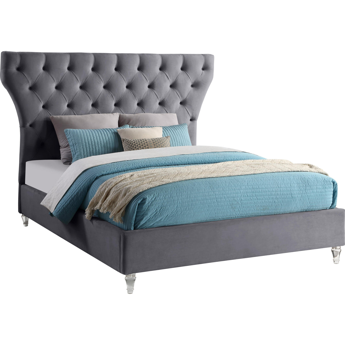 Meridian Kira Grey Velvet Queen Bed