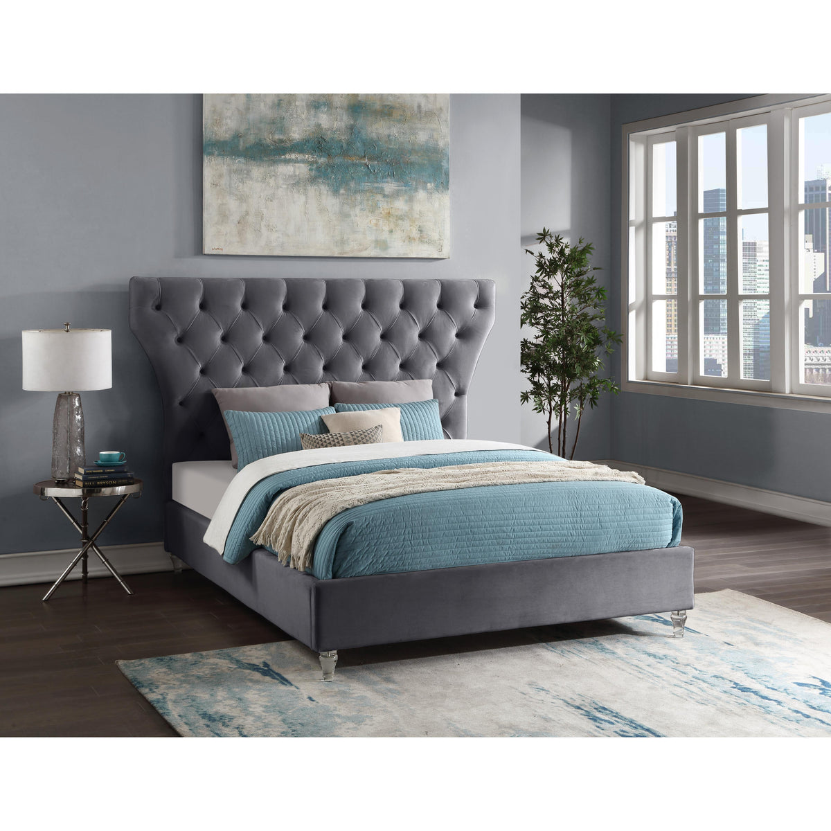 Meridian Kira Grey Velvet Queen Bed