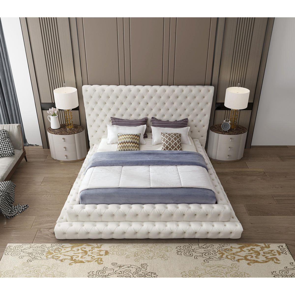 Meridian Revel Cream Velvet King Bed (3 Boxes)