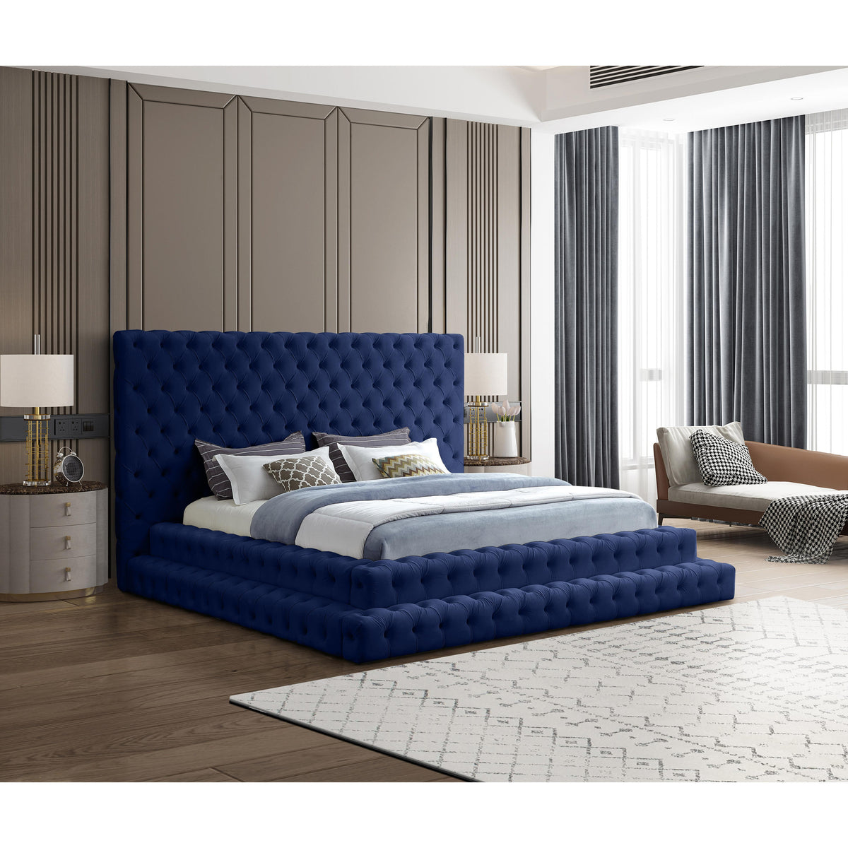 Meridian Revel Navy Velvet King Bed (3 Boxes)