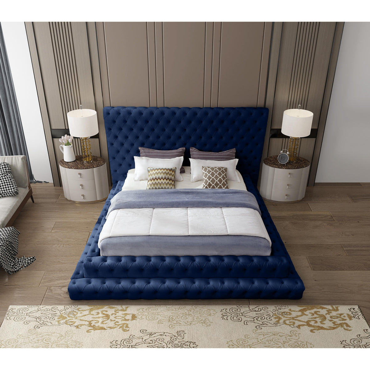 Meridian Revel Navy Velvet King Bed (3 Boxes)