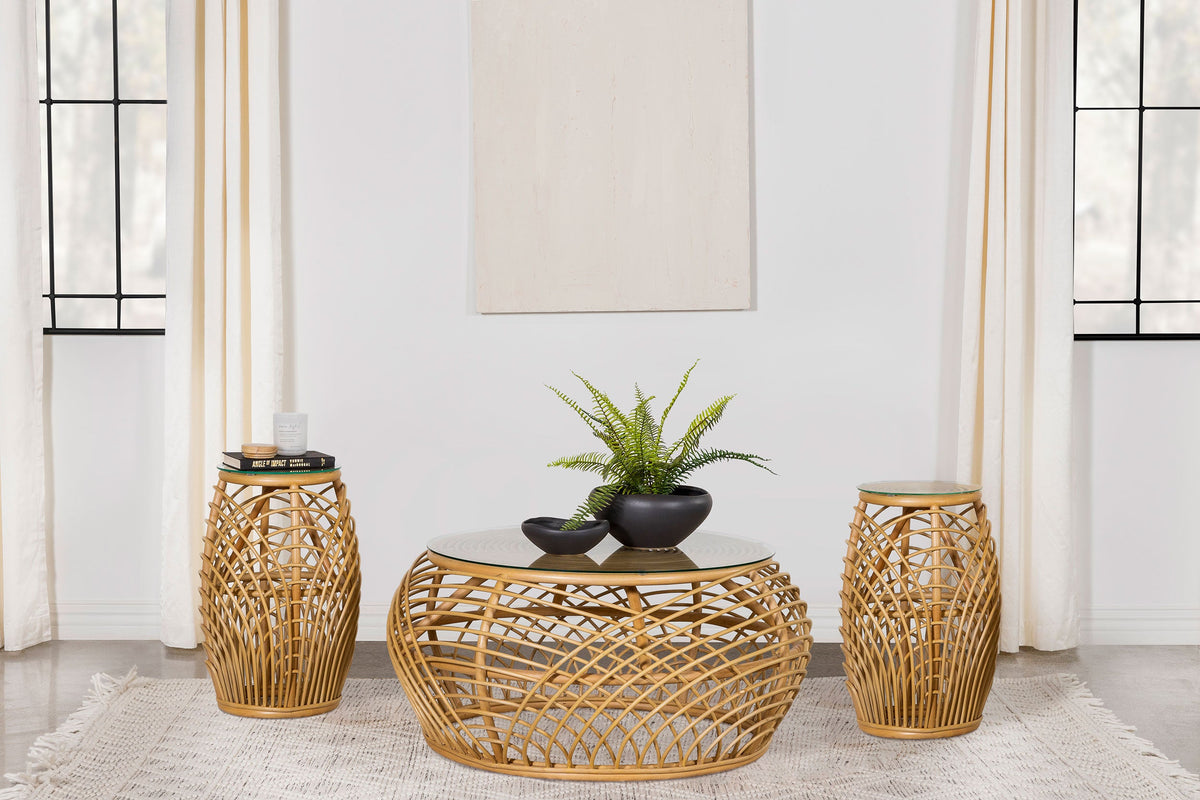 Dahlia Round Rattan Coffee and End Table Set Natural