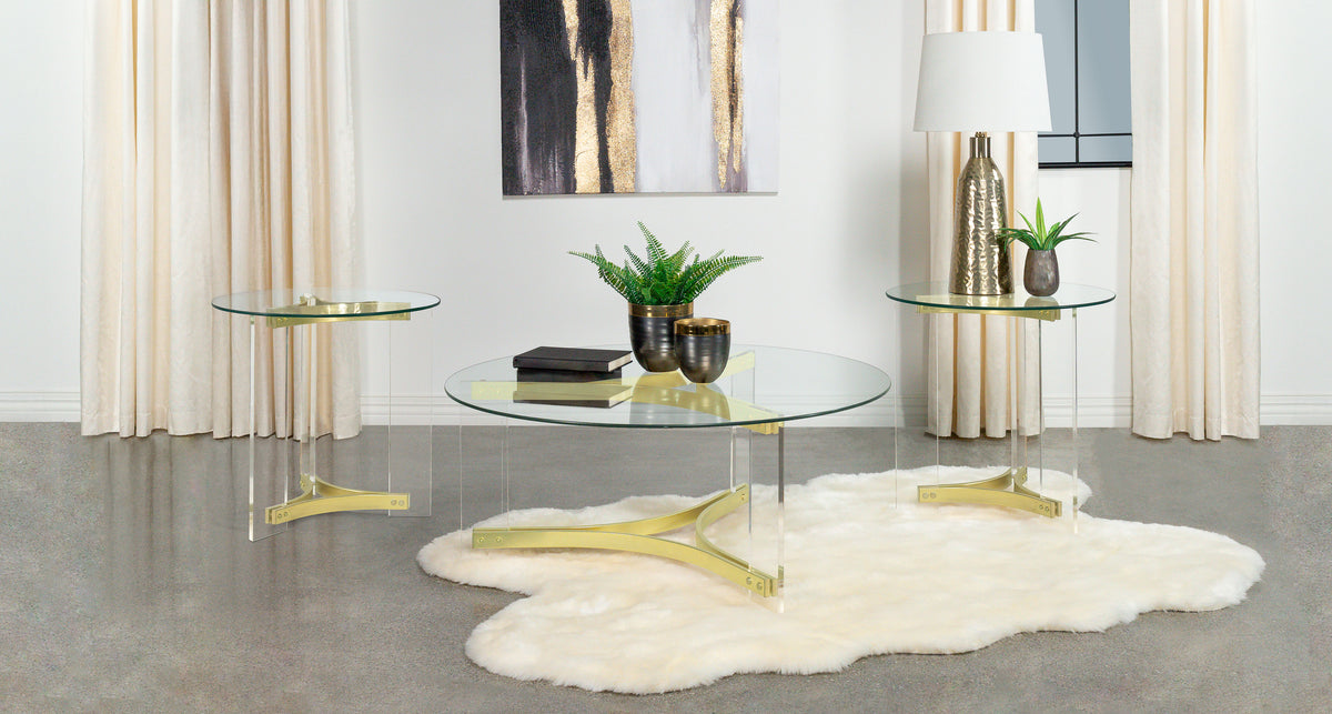 Janessa Acrylic Coffee and End Table Set Matte Brass