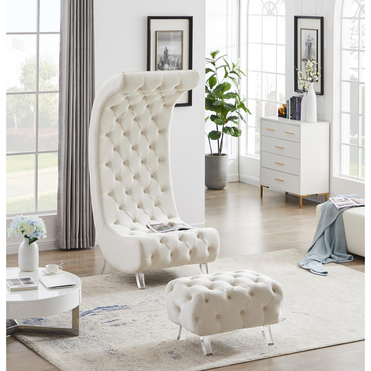 Meridian Crescent Cream Velvet Accent Chair